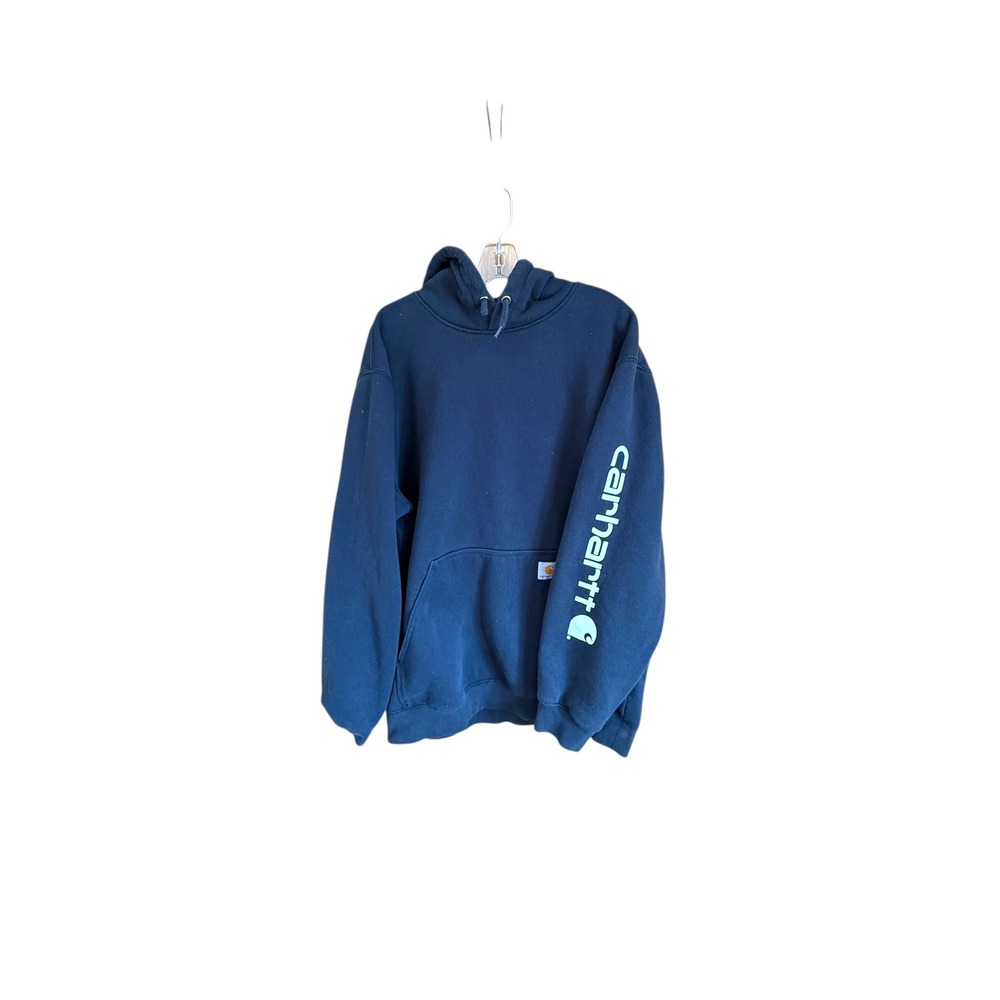 Carhartt Hoodie XL Loose Fit Navy‎ Blue Spell Out Logo Sleeve Sweatshirt - Picture 4 of 11